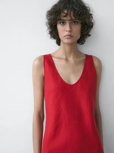 Massimo Dutti Strappy Linen Midi Dress In Red