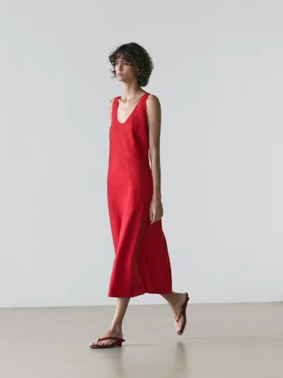 Massimo Dutti Strappy Linen Midi Dress In Red