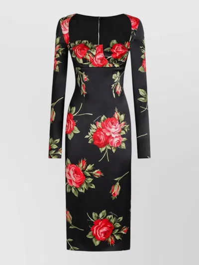 Dolce & Gabbana Rose-print Satin Long-sleeve Midi Dress In Black