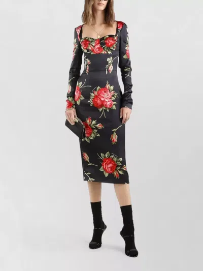 Dolce & Gabbana Rose-print Satin Long-sleeve Midi Dress In Black