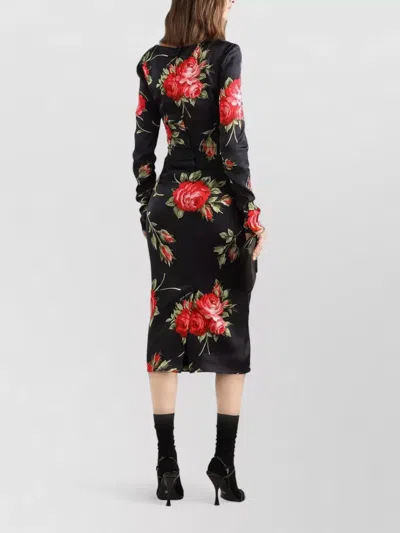 Dolce & Gabbana Rose-print Satin Long-sleeve Midi Dress In Black