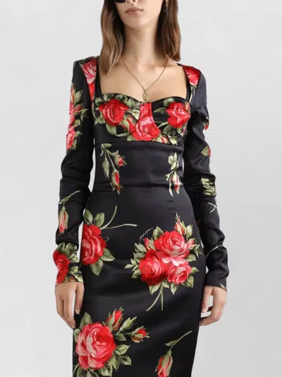 Dolce & Gabbana Rose-print Satin Long-sleeve Midi Dress In Black
