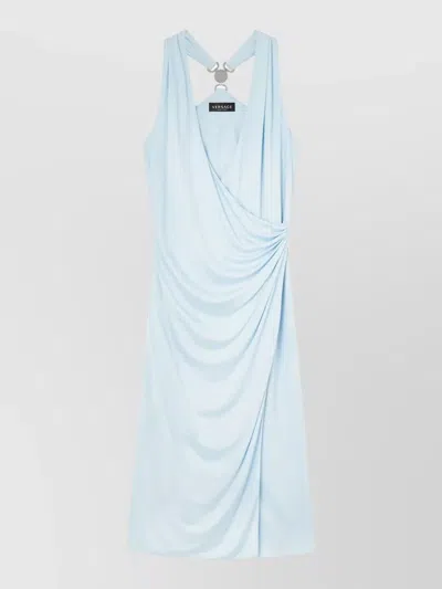 Versace Light Blue Midi Dress With V-neck And Medusa Plaque On The Back In Viscose For Women In Multi