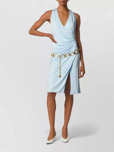 Versace Light Blue Midi Dress With V-neck And Medusa Plaque On The Back In Viscose For Women In Multi