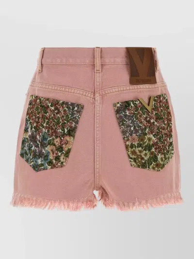 Valentino Knee Length Shorts Frayed Hem Floral Pockets Belt Loops In Pink