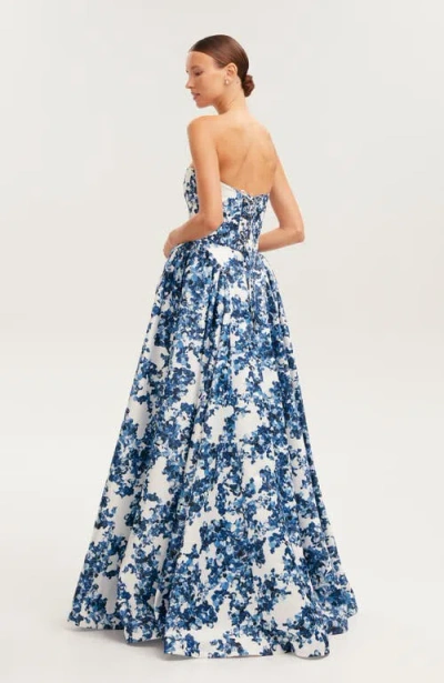 Milla Blue Floral Strapless Maxi Evening Gown With Corset Bodice