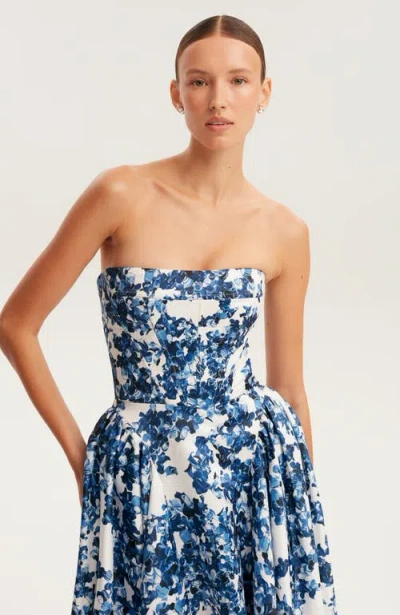Milla Blue Floral Strapless Maxi Evening Gown With Corset Bodice