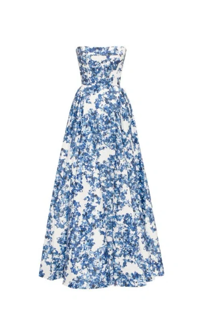 Milla Blue Floral Strapless Maxi Evening Gown With Corset Bodice