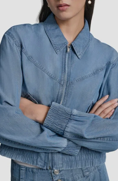 Dkny Front Zip Chambray Bomber In Blue