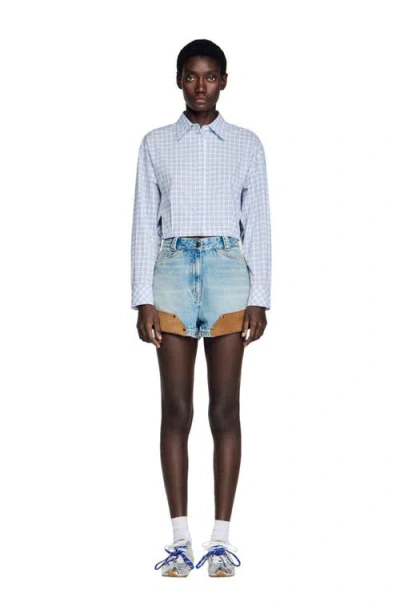 Sandro Short Checked Shirt In Blue