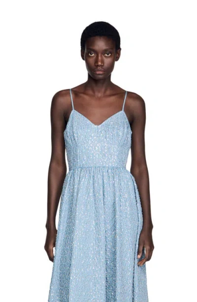 Sandro Striped-pattern Sequin-detail Midi Dress In Blue