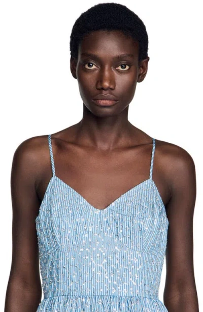 Sandro Striped-pattern Sequin-detail Midi Dress In Blue