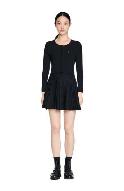 Sandro Ruby Pleated Knit Short Dress In Black