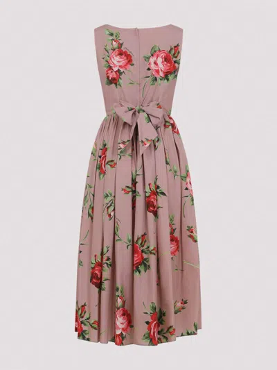 Dolce & Gabbana Abito Midi In Cotone Rosa Con Stampa Fiori Dolce E Gabbana In Pink