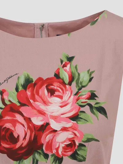 Dolce & Gabbana Abito Midi In Cotone Rosa Con Stampa Fiori Dolce E Gabbana In Pink