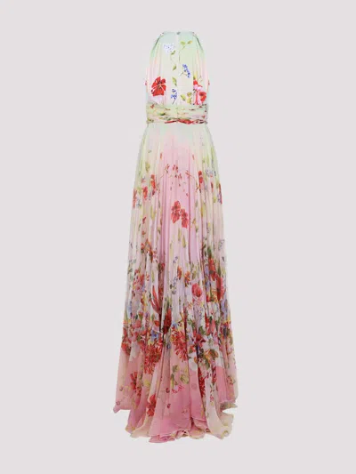 Roberto Cavalli Long Chiffon Dress With Miami Flowers Print In Pink