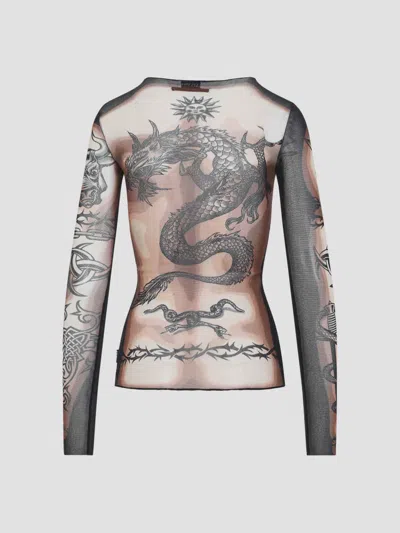 Jean Paul Gaultier Tattoo-inspired Sheer Long-sleeved Top With Bold Motifs In Brown
