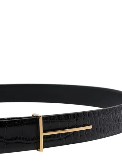 Tom Ford Crocodile-effect Logo Belt In Black