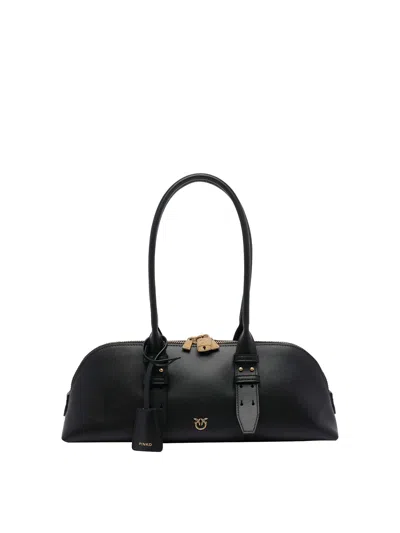Pinko Bowling Bag Horizontal Black Handbag With Adjustable And Removable Shoulder Strap And Padlock Detail