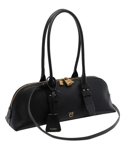Pinko Bowling Bag Horizontal Black Handbag With Adjustable And Removable Shoulder Strap And Padlock Detail