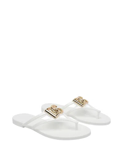 Dolce & Gabbana Women White Thong Sandals With Logo Plaque On The Front In Rubber Woman In White