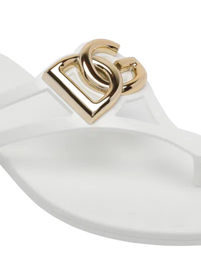 Dolce & Gabbana Women White Thong Sandals With Logo Plaque On The Front In Rubber Woman In White