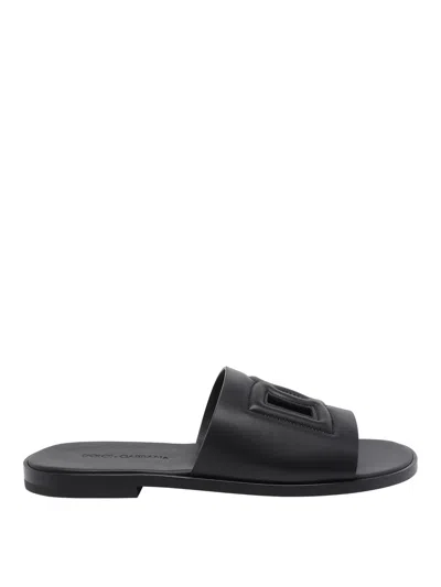 Dolce & Gabbana Black Sandals With Dg Logo Cut-out In Leather Man In Black