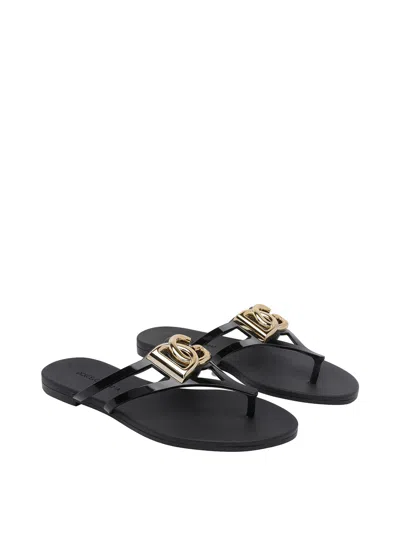 Dolce & Gabbana Women Black Thong Sandals With Logo Plaque On The Front In Rubber Woman