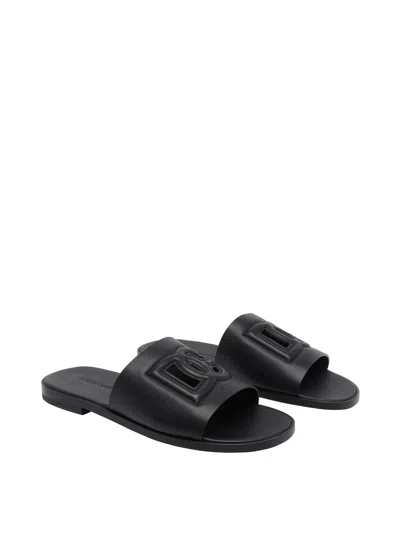 Dolce & Gabbana Black Sandals With Dg Logo Cut-out In Leather Man In Black