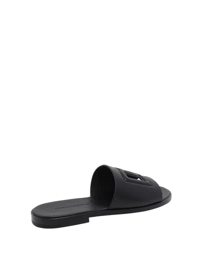 Dolce & Gabbana Black Sandals With Dg Logo Cut-out In Leather Man In Black