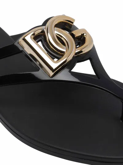 Dolce & Gabbana Women Black Thong Sandals With Logo Plaque On The Front In Rubber Woman