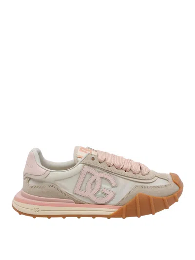 Dolce & Gabbana Dg Athletic Sneakers In Ivory And Pink Fabric And Leather In Multi