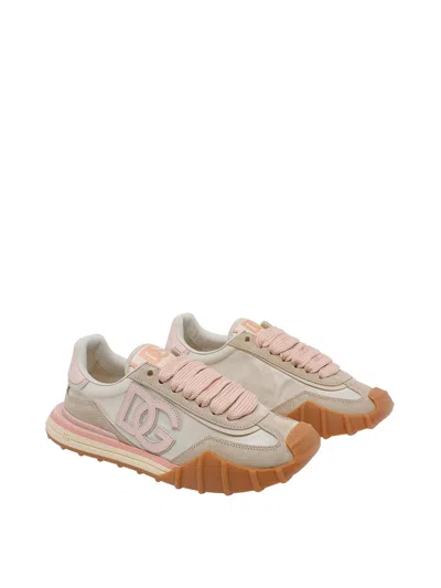 Dolce & Gabbana Dg Athletic Sneakers In Ivory And Pink Fabric And Leather In Multi