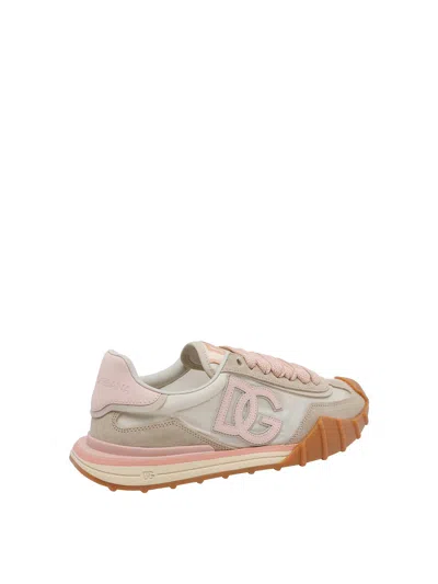 Dolce & Gabbana Dg Athletic Sneakers In Ivory And Pink Fabric And Leather In Multi