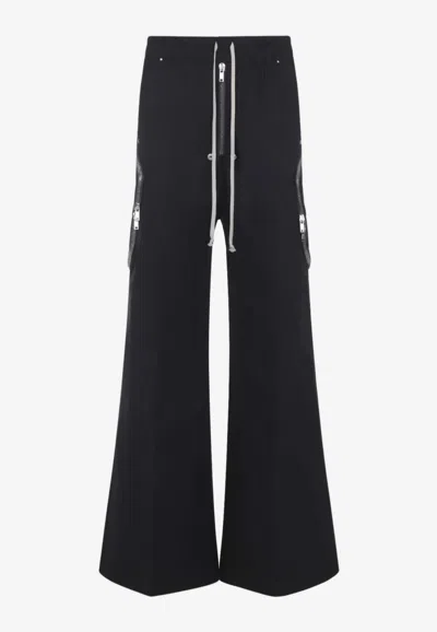 Rick Owens Heizer Belas Wide-leg Cotton-blend Poplin Drawstring Cargo Trousers In Black