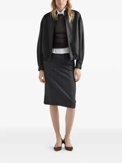 Prada Long-sleeved Leather Jacket In Black