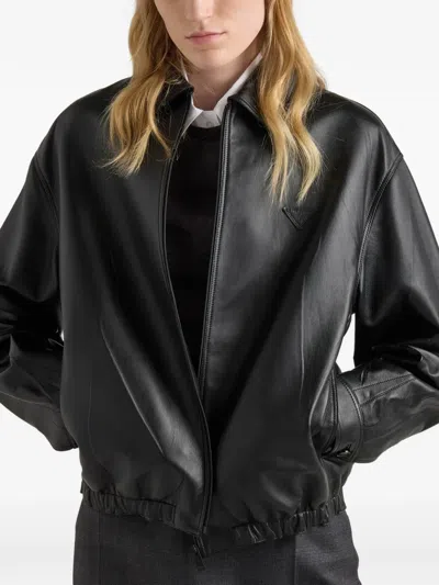 Prada Long-sleeved Leather Jacket In Black