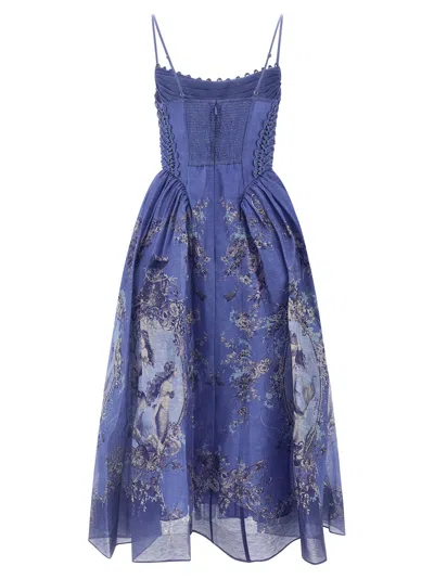 Zimmermann Rebellion Lace-up Embellished Pleated Gathered Printed Linen And Silk-blend Midi Dress In Blue