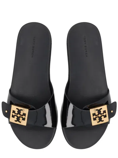 Tory Burch Patent Synthetic Leather Buckle Slide In Black