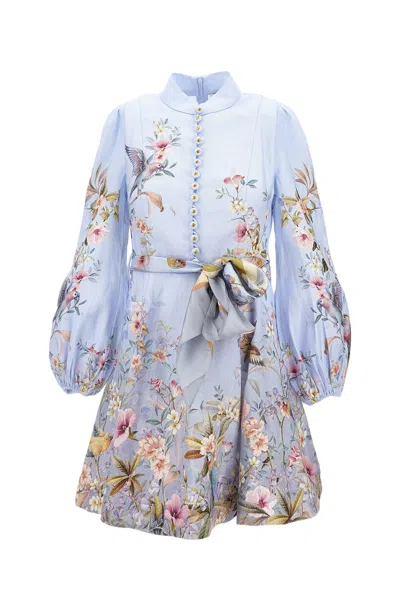Zimmermann Rebellion Multicolor Midi Dress With Bow Detail On The Front And All-over Floral Print In Linen Woma In Blue