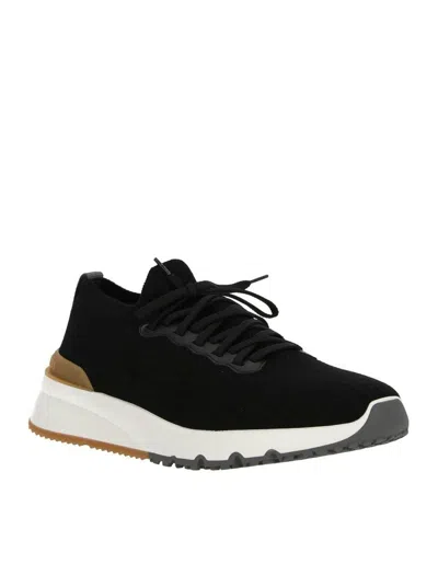 Brunello Cucinelli Cotton Knit And Semi-polished Calfskin Runner Sneakers In Multi