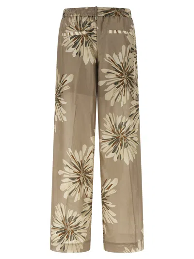 Brunello Cucinelli Elegant Silk Trousers With Stamped Floral Design In Brown