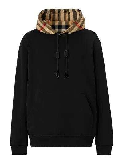 Burberry Black Sweatshirt With Vintage Check Printed Hood In Cotton