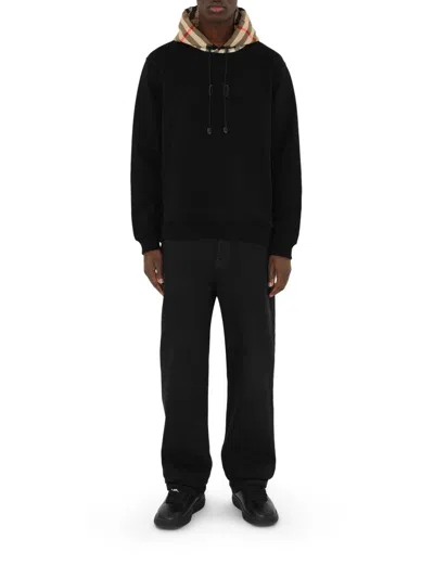 Burberry Black Sweatshirt With Vintage Check Printed Hood In Cotton