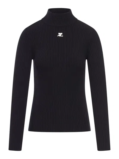 Courrèges Black Ribbed Viscose Blend Turtleneck
