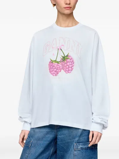 Ganni Raspberry Pattern Long-sleeve T-shirt In Blue