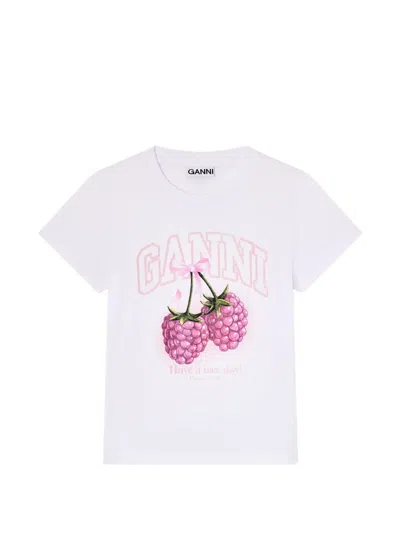 Ganni Cotton Crew Neck Graphic Print T-shirt In White