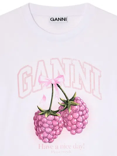 Ganni Cotton Crew Neck Graphic Print T-shirt In White
