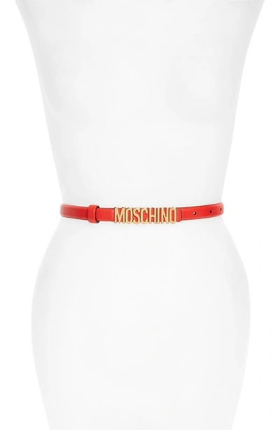 Shop Moschino Logo Plate Skinny Leather Belt In Red Gold