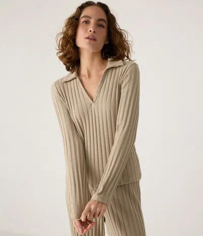 Michael Stars Liyah Long Sleeve Collared Top In Brown